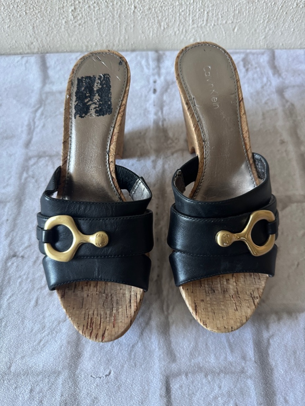 Calvin Klein Black Faux Leather Cork-Platform Slide Mules with Gold Hardware